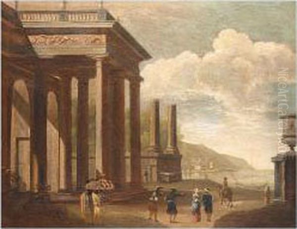 Harbour Scene With Figures Among Antique Ruins - view 1