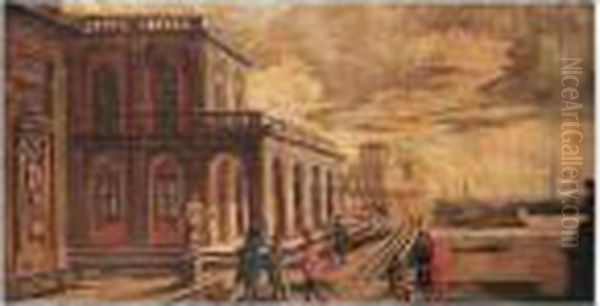 A Capriccio Of A Southern Harbour With Figures Before A Loggia - view 1