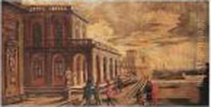 A Capriccio Of A Southern Harbour With Figures Before A Loggia