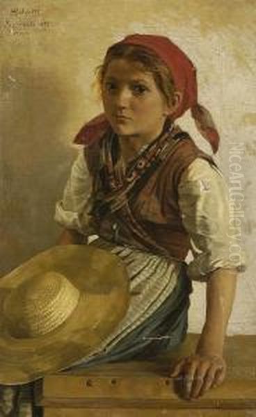 Young Girl Seated, Holding A Straw Hat - view 1