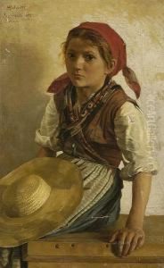 Young Girl Seated, Holding A Straw Hat by Antonio Salvetti