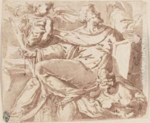 A Monastic Saint Holding A 
Crucifix, A Lily And A Tablet, Overcoming An Allegorical Figure Of Vice by Rancesco De' Rossi (see Salviati, Cecchino Del)