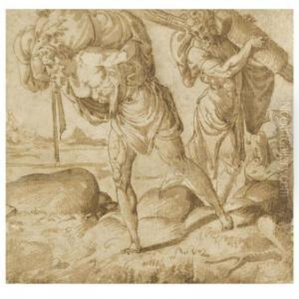 Three Men Bearing War Loot Up A Mountain Path - view 1