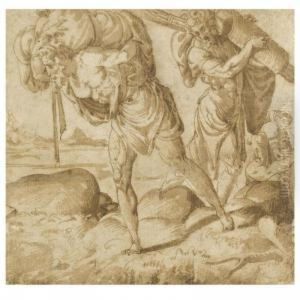 Three Men Bearing War Loot Up A Mountain Path