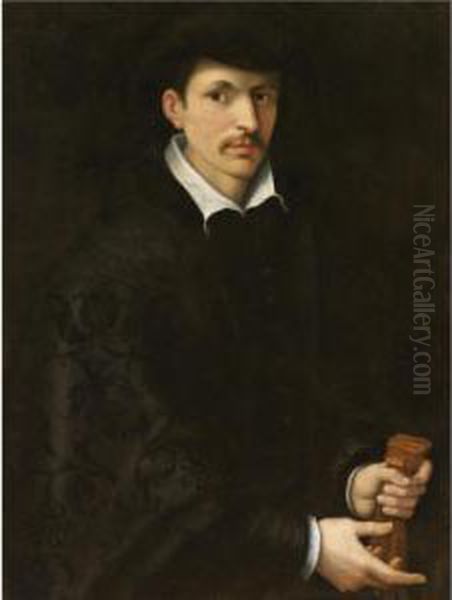 Portrait Of A Gentleman, Half Length, Wearing Black And Holding A Pair Of Gloves - view 1