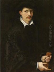 Portrait Of A Gentleman, Half Length, Wearing Black And Holding A Pair Of Gloves
