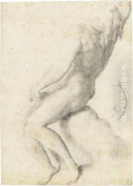A Naked Youth Seated On A Rock,
His Right Arm Raised Above His Head Which Rests On His Left Shoulder,
And A Separate Partial Study Of His Right Arm - view 1