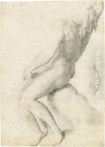 A Naked Youth Seated On A Rock, 
His Right Arm Raised Above His Head Which Rests On His Left Shoulder, 
And A Separate Partial Study Of His Right Arm