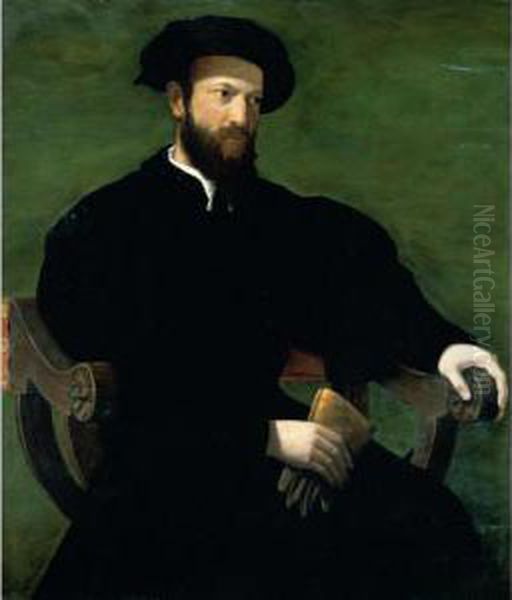 Portrait Of A Gentleman,
Three-quarter Length, Dressed In Black And Seated Against A Green
Background - view 1