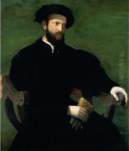 Portrait Of A Gentleman, 
Three-quarter Length, Dressed In Black And Seated Against A Green 
Background