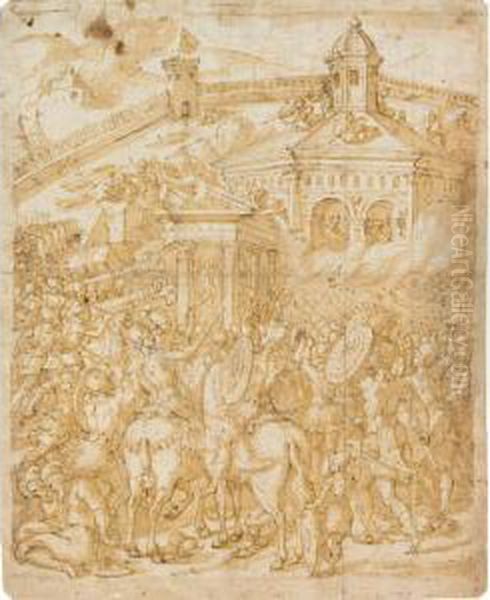 Roman Soldiers Attacking A Temple Within City Walls - view 1