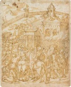 Roman Soldiers Attacking A Temple Within City Walls