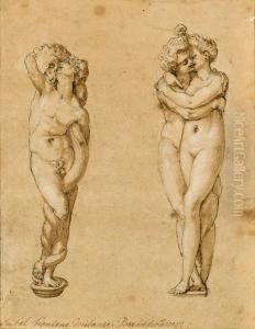Two Studies For Knife Handles: A
 Snake Intertwined With A Man And Acouple Embracing (recto); Samson 
Breaking The Lion's Jaw(verso)