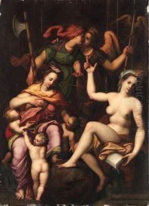 An Allegory Of The Psalm Of
David: 'mercy And Truth Have Mettogether; Righteousness And Peace Have
Kissed Each Other'
Signed With Monogram 'og' And
Inscribed'misericordia.et.veritas.obiavervntsibi.iustitia.et.pax.osculatae.sunt' by Orazio Samacchini