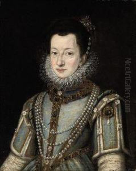 Portrait Of A Lady, Half-length,
 In A Jewel-encrusted Blue Dress,with A Lace Collar And Pearl Ornaments - view 1