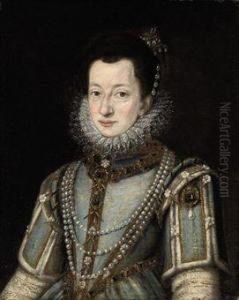 Portrait Of A Lady, Half-length,
In A Jewel-encrusted Blue Dress,with A Lace Collar And Pearl Ornaments by Alonso Sanchez Coello