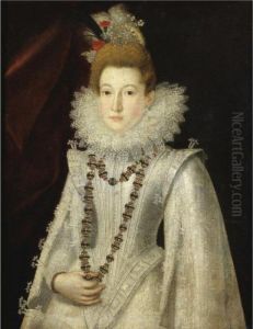 Portrait Of A Lady, Half Length,
 Wearing A White Richly Embroidered Dress And Holding A Necklace by Alonso Sanchez Coello