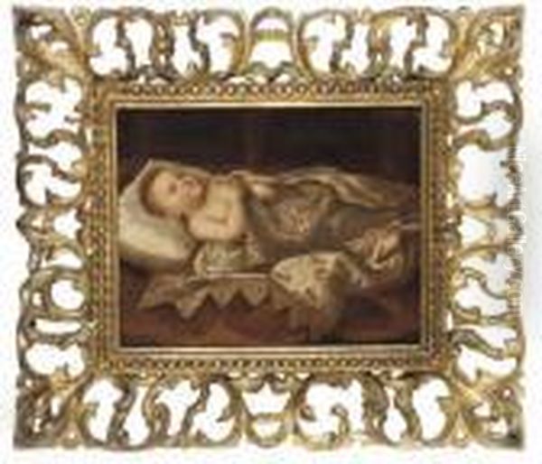 An Infant In His Cot, Wrapped In An Embroidered Blanket - view 1