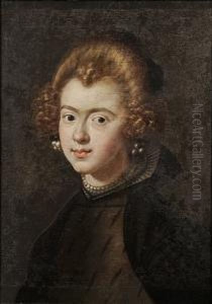 Portrait Of A Lady, Bust-length,
 In A Grey Slashed Dress And A Black Wrap, With A Lace Collar And Pearl 
Choker And Earrings - view 1