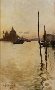 Laguna Veneciana Con Gondolas Al Atardecer by Emilio Sanchez-Perrier