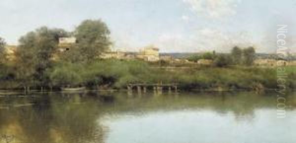 Figures In A Boat In A River Landscape With A Village Beyond - view 1