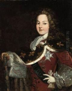 Portrait Of Louis Xv As A Boy,
Half-length, In A Blue Mantleembroidered With Fleur-de-lys, With The
Order Of The Saint-esprit,a Royal Baton In His Right Hand by Jean-Baptiste Santerre