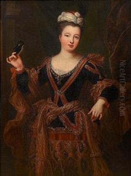 Portrait Of A Lady,
Three-quarter-length, In A Dark Blue Dress With Gold Brocade Decoration,
Holding A Mask And Standing Before A Curtain - view 1