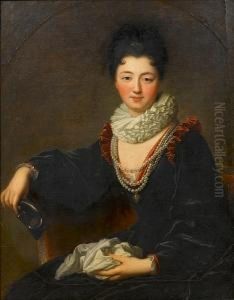 Portrait Of Madame Peletier Des 
Forts Seated In A Chair Wearing A Blue Velvet Red-trimmed Dress, A White
 Ruff And Pearls, Holding A Mask In Her Right Hand