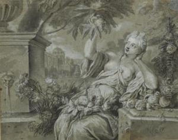 Une Femme Assise Dans Un Jardin, Entouree Des Fleurs, Cueillant Un Fruit - view 1