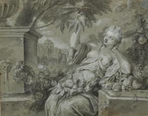 Une Femme Assise Dans Un Jardin, Entouree Des Fleurs, Cueillant Un Fruit by Jean-Baptiste Santerre