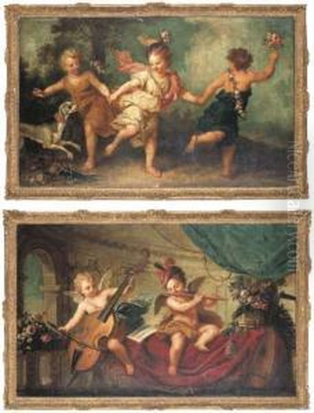 Three Putti Dancing With A Dog; And Two Putti Making Music In Apalatial Interior - view 1