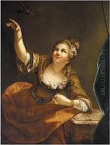 Interior With A Young Girl Playing With A Song Bird