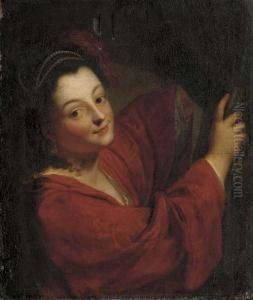 A Young Lady At A Curtain