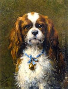 A King Charles Spaniel with a Blue Ribbon
