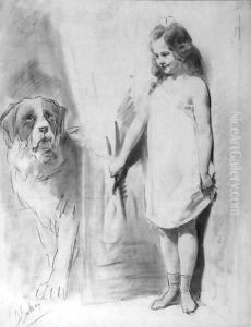 Young girl with St. Bernard by Otto Eerelman