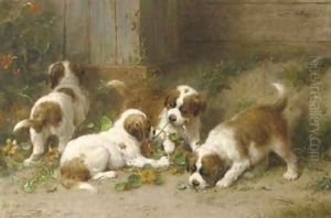 Saint Bernard puppies playing with Indian cress by Otto Eerelman