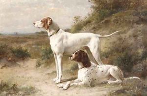 Two pointers Hans and Spot on the heath by Otto Eerelman