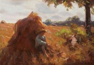 Haystack With Boy And A Dog by Paul Turner Sargent