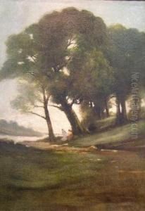 Wooded Landscape With Figures By A Stream by William Sartain