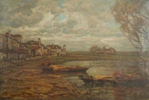 Scorcio Di Paese E Laghetto Con Barche In Primo Piano by Francesco Sartorelli