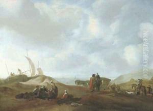 A dune landscape with fisherfolk resting