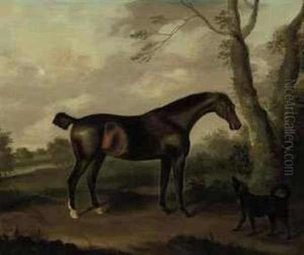 A Bay Hunter In A Landscape With A Dog - view 1