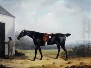 A Dark Bay Hunter With A Groom In Alandscape by J. Francis Sartorius
