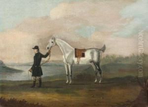 A Grey Hunter Held By His Groom In A Landscape A Grey Hunter Held By His Groom In A Landscape