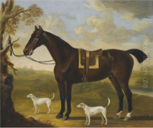 Portrait Of A Bay Hunter And Hounds In A Landscape