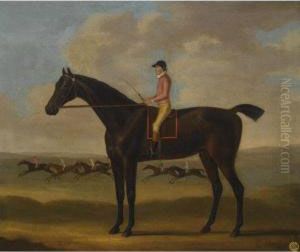 Portrait Of Goldfinder With Jockey Up by J. Francis Sartorius