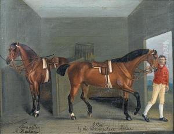 A Stable Interior With The Racehorses'traveller' And 'atlas' Held By A Groom - view 1