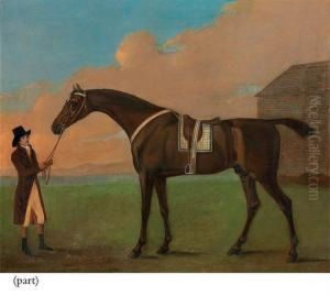 The Dark Bay Racehorse Dragon Held By A Trainer by J. Francis Sartorius