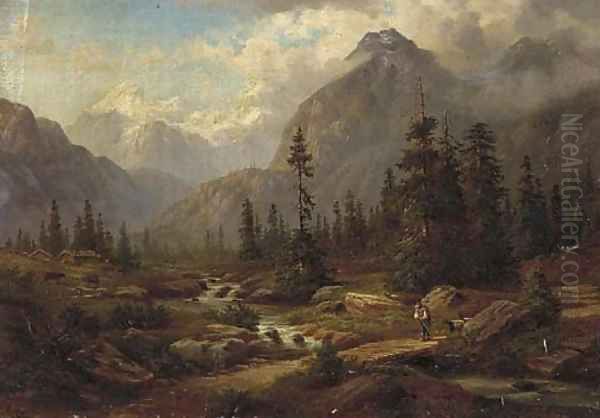 A goatherd crossing a bridge, an Alpine landscape beyond - view 1