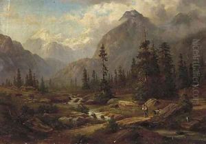 A goatherd crossing a bridge, an Alpine landscape beyond